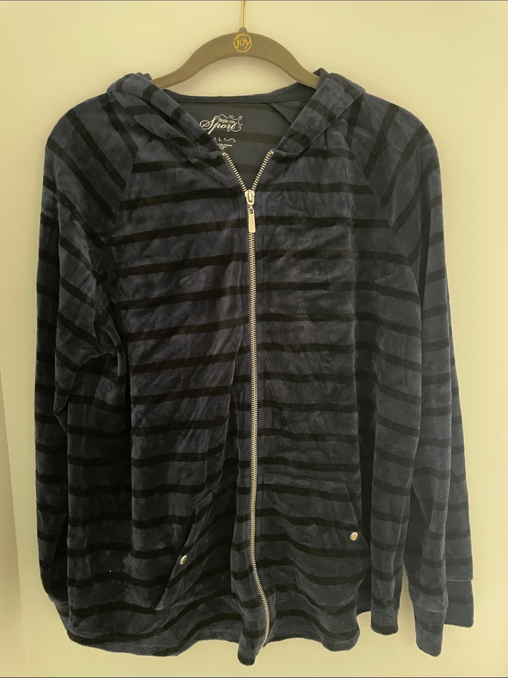 Style & Co. Navy and Black Striped Velour Zip-Up Hoodie